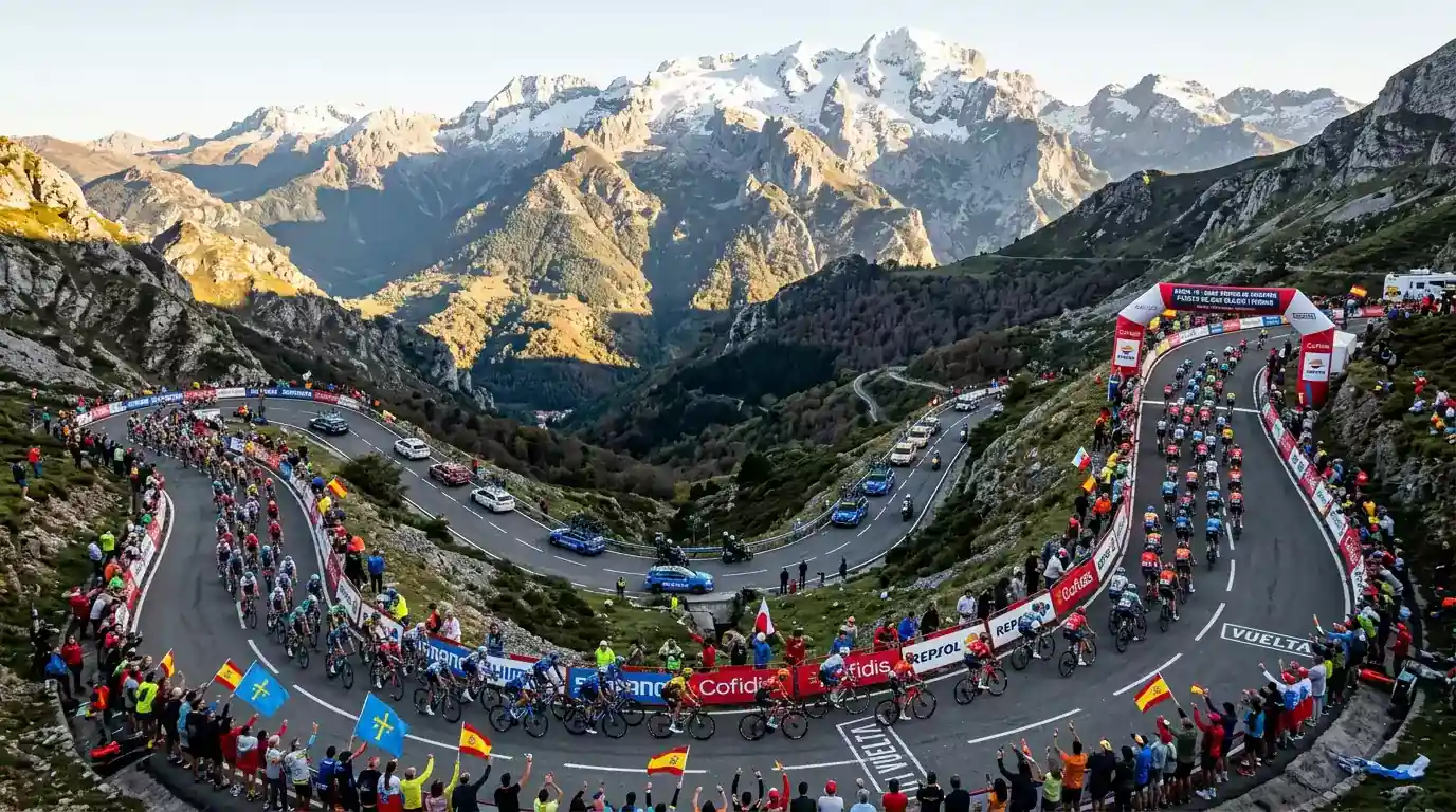 Pelotón de ciclistas profesionales ascendiendo un puerto de montaña durante una etapa del Tour de Francia